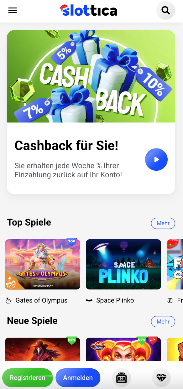 Benutzeroberfläche der mobilen Casino-App mit Spielauswahl und Navigationselementen