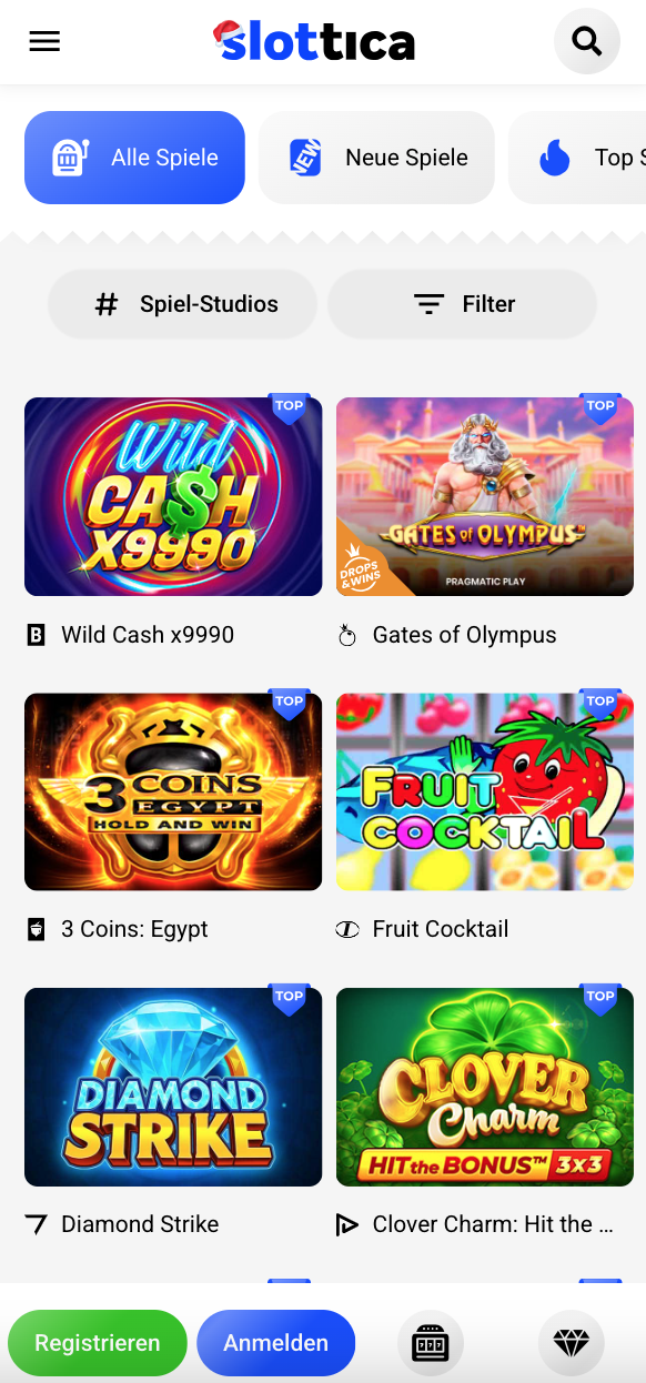 Mobiler App-Screenshot mit übersichtlichem Menü und Spielvorschauen