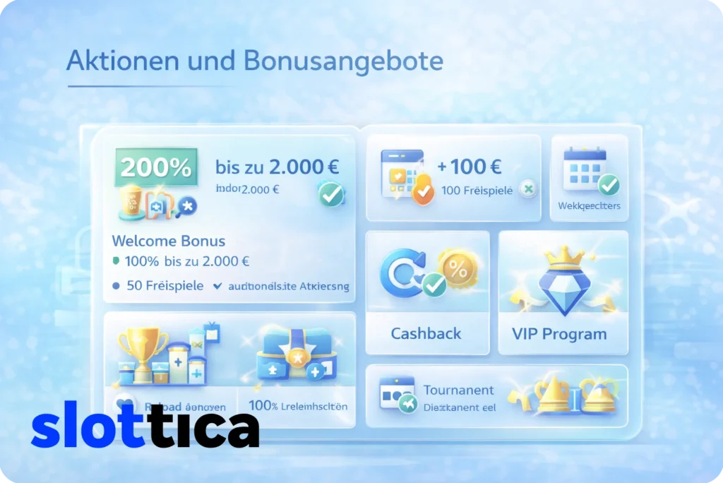 Aktionen und Bonusangebote bei Slottica mit Willkommensbonus, Reload-Bonus, Cashback und VIP-Programm