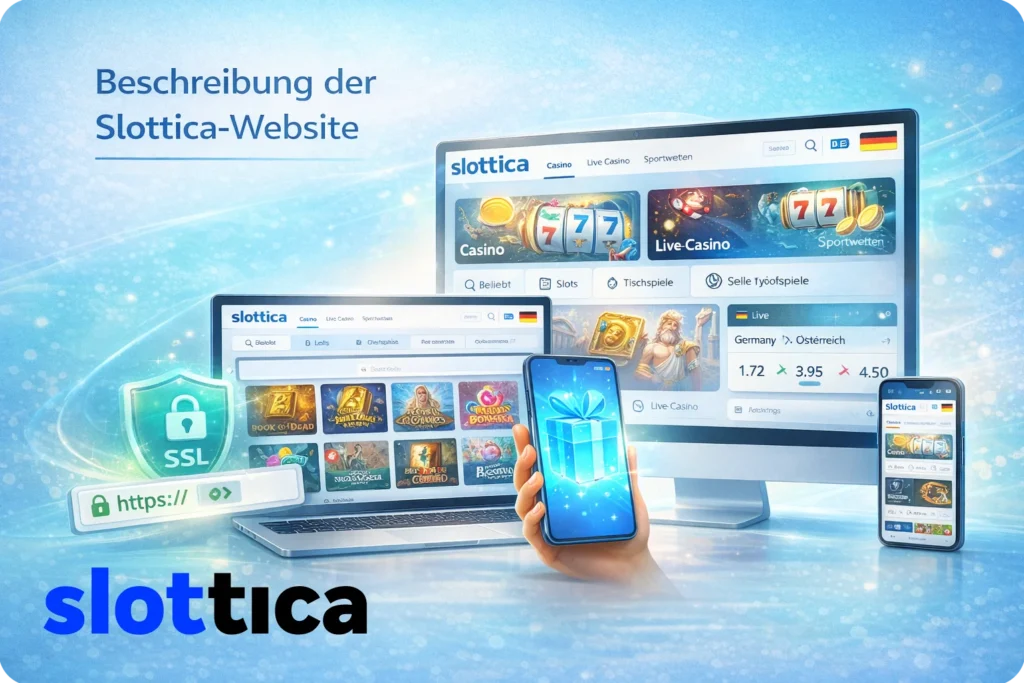 Beschreibung der Slottica-Website mit responsivem Design auf Desktop, Tablet und Smartphone, SSL-gesicherter Verbindung und klar strukturierter Casino-, Live- und Sportwetten-Oberfläche.
