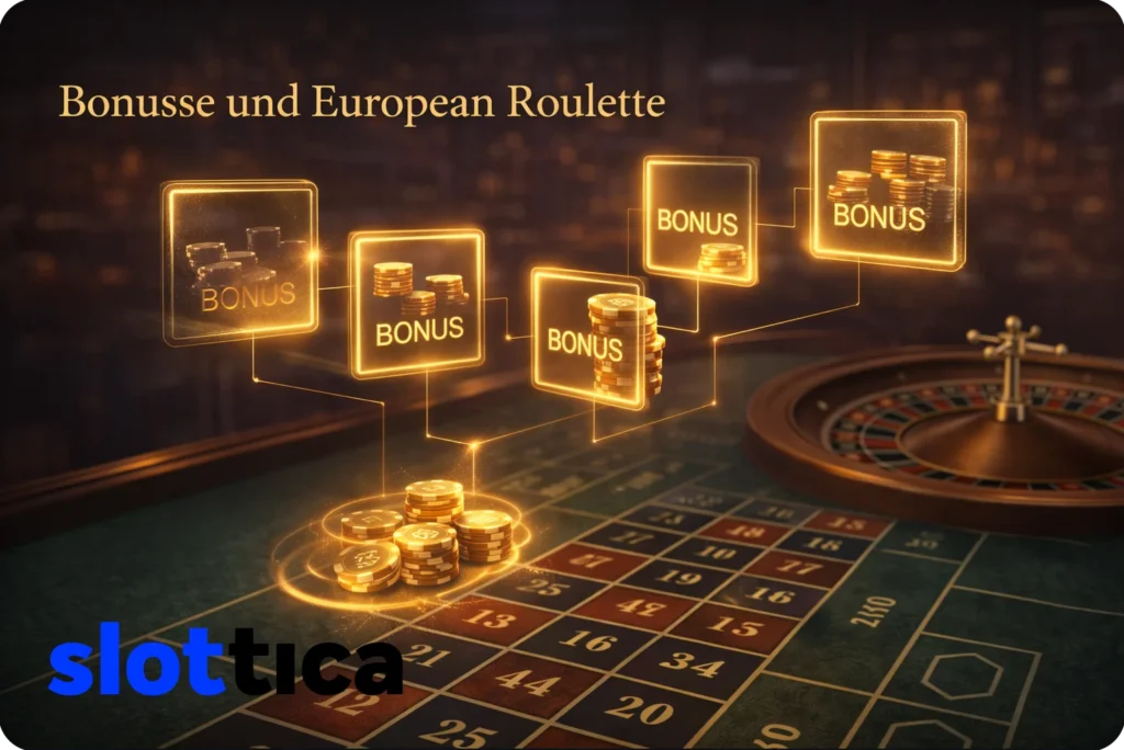 Bonusse beim European Roulette mit symbolischen Bonus-Chips und Roulette-Rad