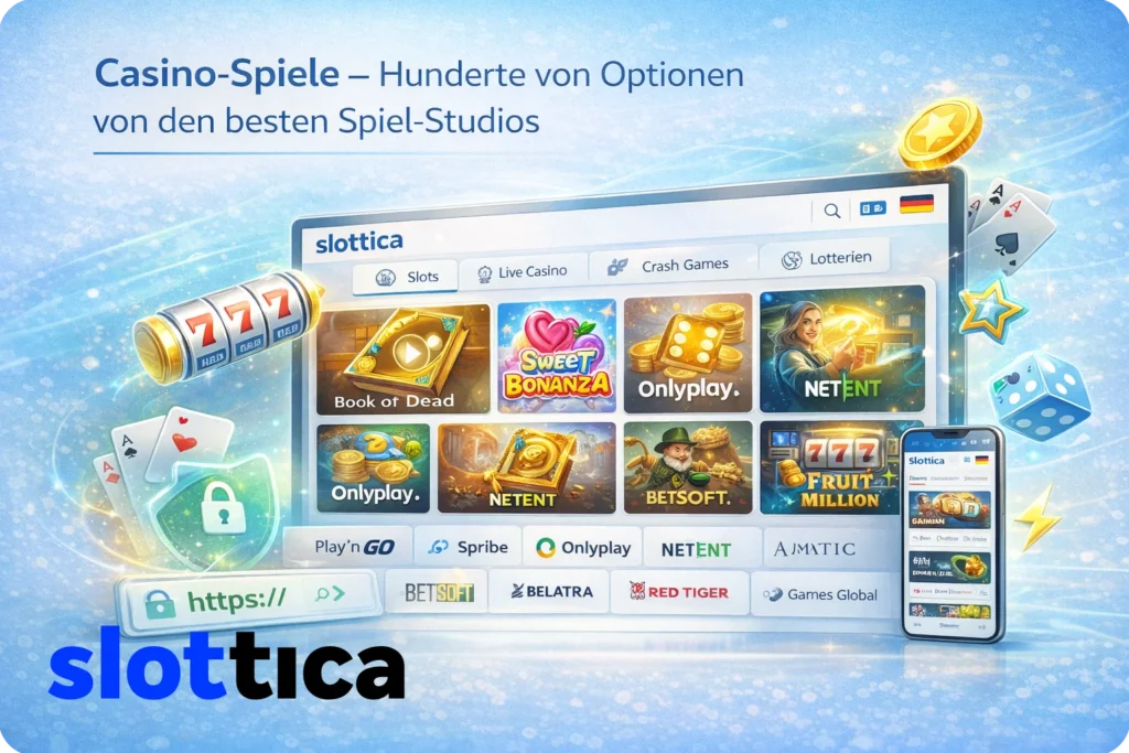 Casino-Spiele bei Slottica mit großer Auswahl an Slots, Live-Casino und Crash Games von führenden Spiel-Studios in moderner, übersichtlicher Benutzeroberfläche.