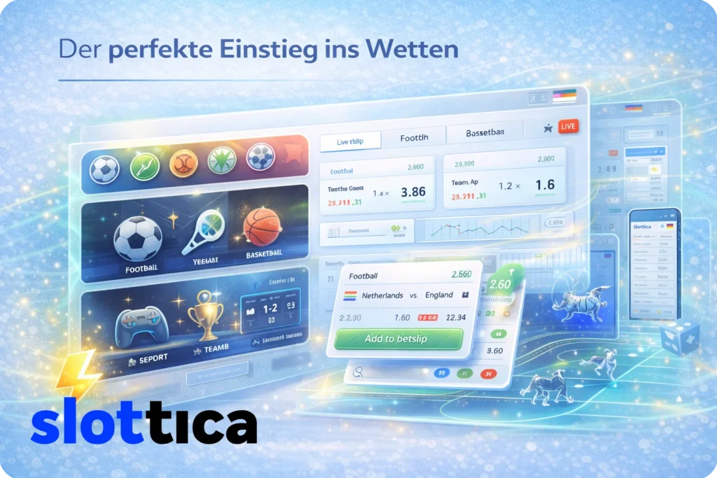 Moderne Slottica Sportwetten-Oberfläche mit Live-Quoten, Sport- und E-Sport-Kategorien, übersichtlichem Wettbereich und responsivem Design auf hellem blauem Hintergrund.