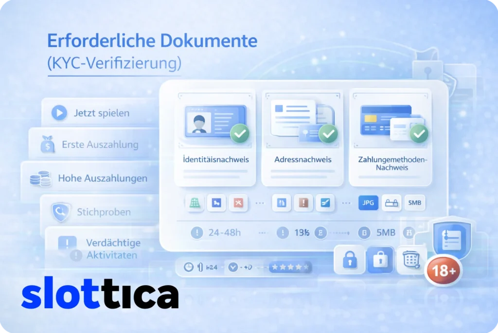 KYC-Verifizierung bei Slottica mit Identitäts-, Adress- und Zahlungsnachweis