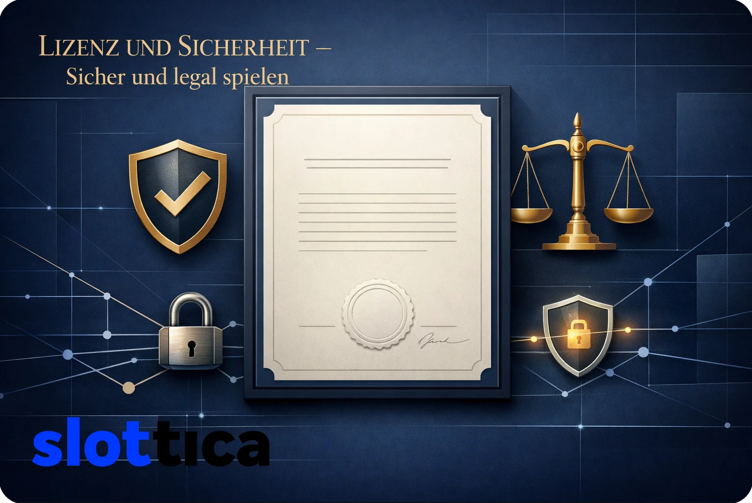 Offizielle Darstellung von Lizenz und Sicherheit eines Online-Casinos: behördliches Zertifikat vor dunkelblauem Hintergrund mit Symbolen für Regulierung, Fairness und Datenschutz