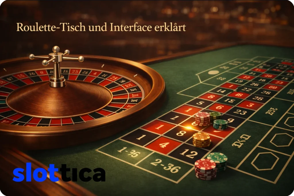 Aufbau des European Roulette Tisches mit Wetttisch, Rad und platzierten Chips