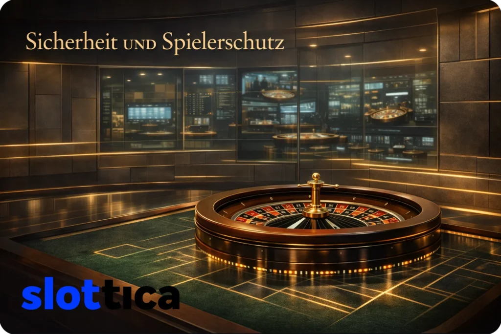 Sicherheits- und Spielerschutz-Konzept bei European Roulette: ruhender Roulette-Tisch in regulierter Casino-Umgebung mit kontrollierten technischen Strukturen im Hintergrund.