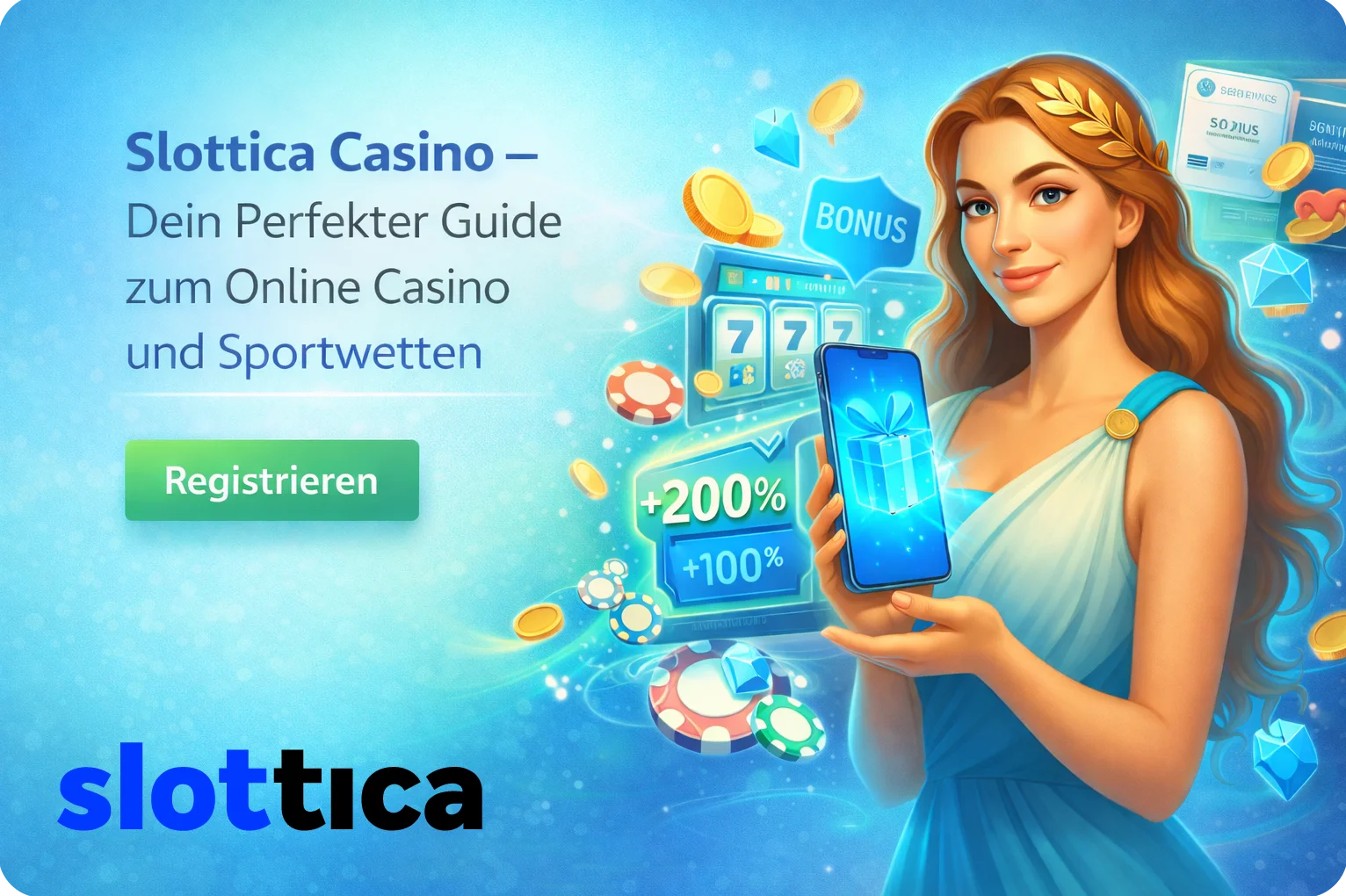 Slottica Casino mit lächelnder Frau im türkisfarbenen Kleid, die direkt in die Kamera blickt und ein Smartphone mit Bonus-Geschenk-Anzeige hält, umgeben von Slot-Symbolen, Münzen und +200 % Willkommensbonus-Elementen.