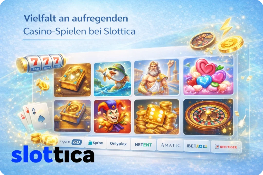 Vielfalt an aufregenden Casino-Spielen bei Slottica mit Slots, Live-Casino und Roulette in moderner, übersichtlicher Benutzeroberfläche.