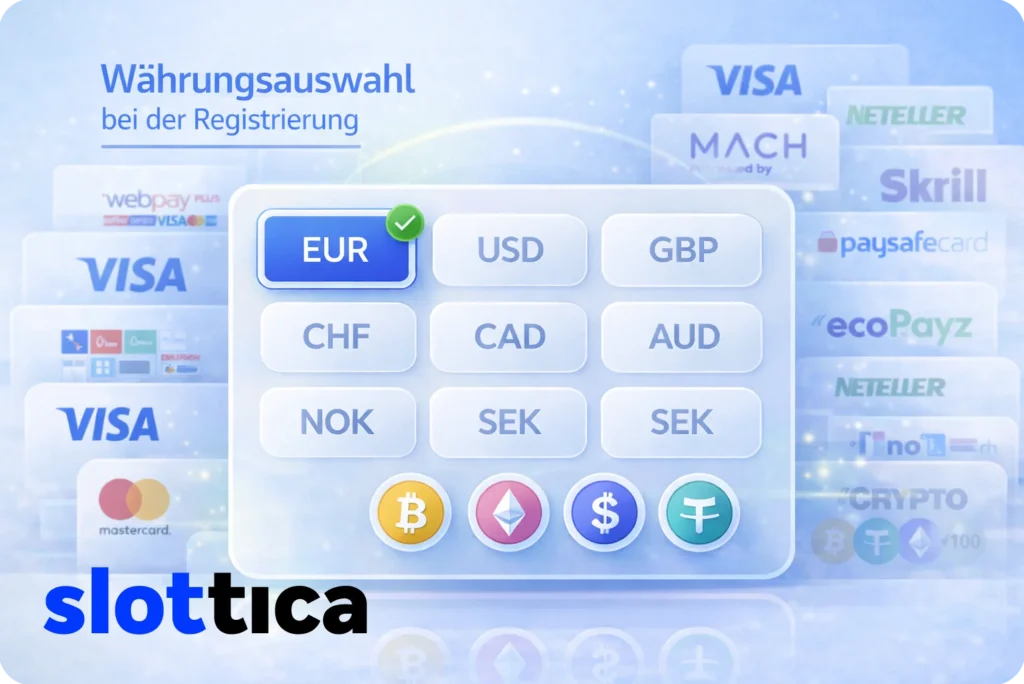 Auswahl der Kontowährung bei der Registrierung auf Slottica mit Euro als empfohlener Währung