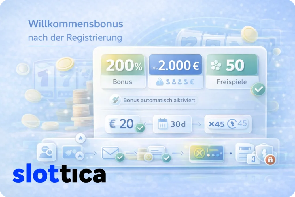 Willkommensbonus bei Slottica nach der Registrierung mit Bonusguthaben und Freispielen