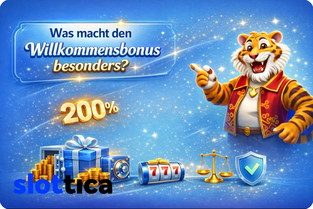 Illustration der Vorteile des Slottica Willkommensbonus mit Fokus auf Bonuswert, Freispiele und faire Bedingungen